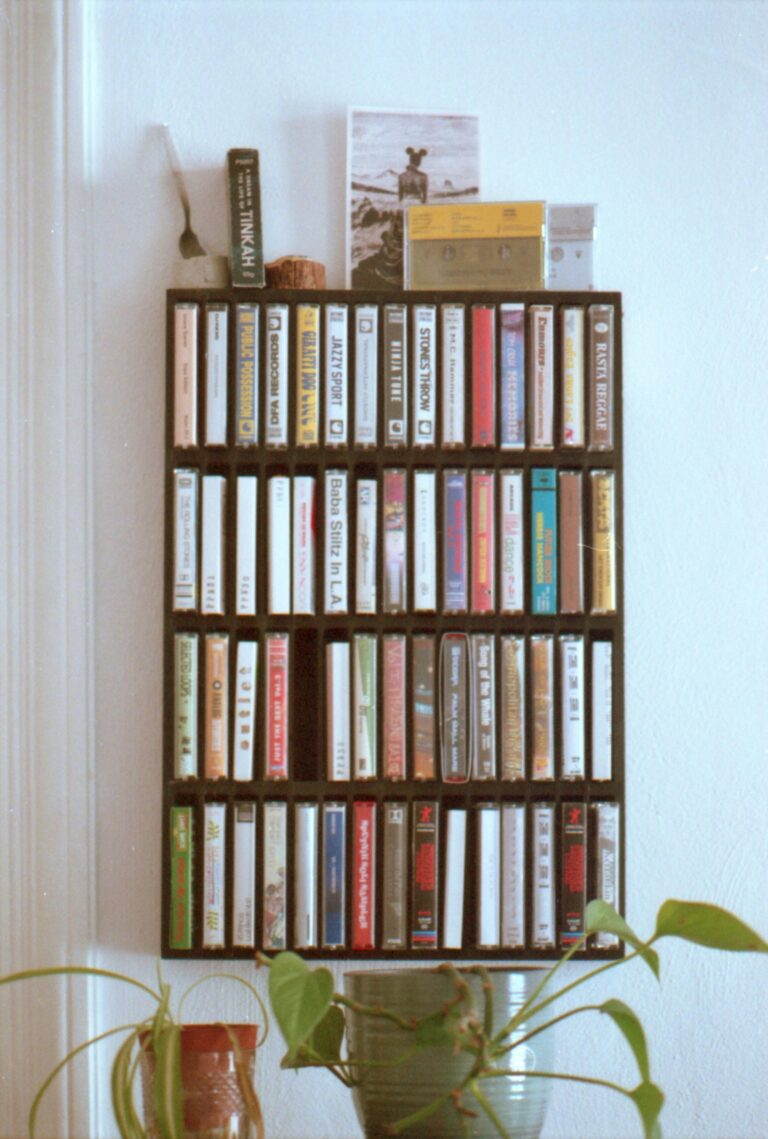 cassette tapes in a display case