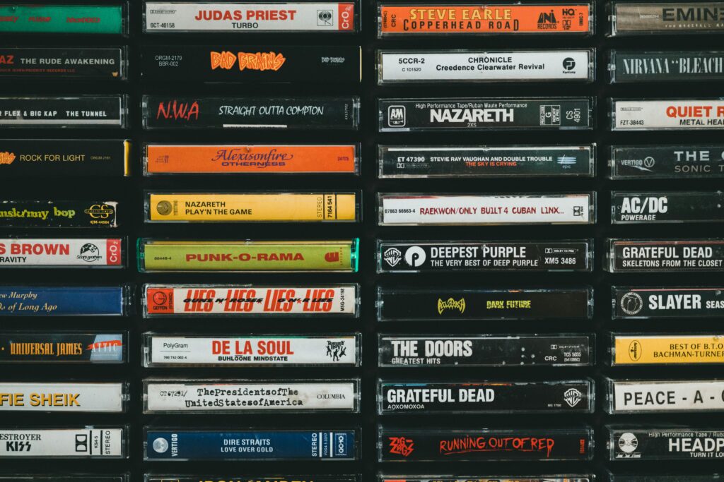 cassette tapes in a display case